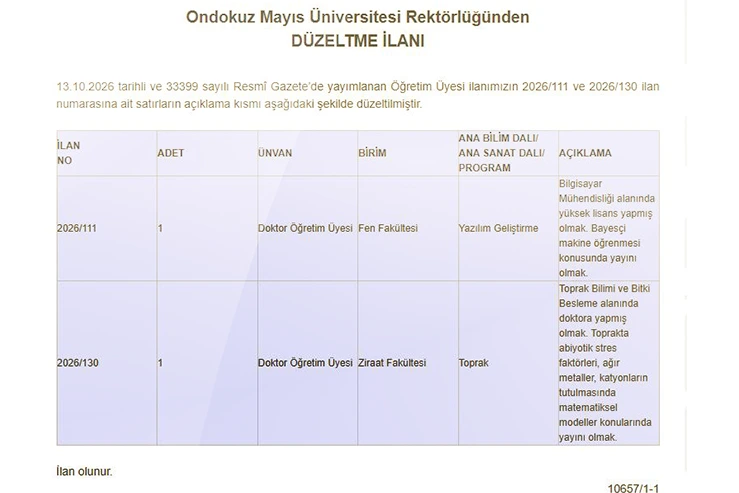 Ondokuz Mayıs Üniversitesinden öğretim üyesi ilanına düzeltme